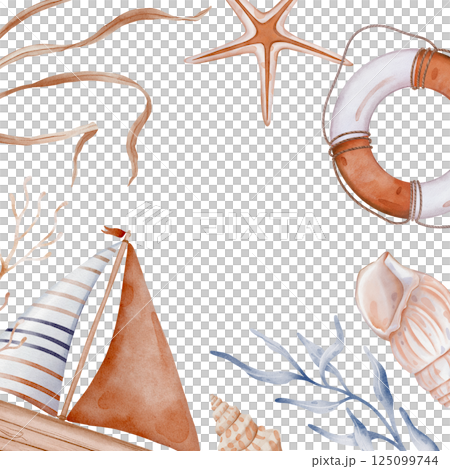 Underwater square frame with Corals, Seaweeds and Seashells. Hand drawn watercolor illustration Sea boat and lifebuoy and star for sea or summer design in light orange and pastel blue colors. 125099744