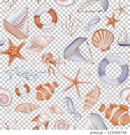 Watercolor seamless pattern with Seashell and Pearls and sea elements on isolated background. Hand drawn vintage repeat ornament with Sea boat and stars, horse, fish for design in nautical style. 125099746