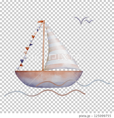 Watercolor illustration sailboat on the waves and bird in sky. Hand drawn flair sea boat with multicolor flags and striped isolated on background for babes. Sketch of Boat or Sailing ship for childish 125099755