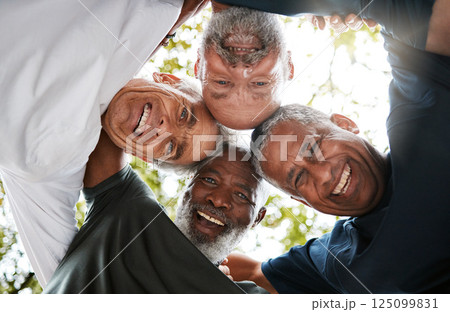 Senior men, friends and community together in a circle for support, trust and diversity with a smile, happiness and collaboration. Portrait, face and hug of healthy, happy and fitness group outdoor Senior men, friends and community together in a circle for support, trust and diversity with a smile, happiness and collaboration. Portrait, face and hug of healthy, happy and fitness group outdoor 125099831