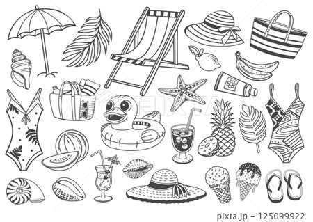 Summer beach vacation collection with swimsuits, sun hats, beach bag, shells and tropical elements. Icons for cards, stickers, summer sale banner. 125099922
