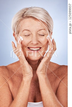 Mature woman, skincare and beauty facial cream with spf, suncream or suncreen for health and wellness. Cosmetic, lotion and moisturiser creme for skin care, face treatment and anti aging grooming Mature woman, skincare and beauty facial cream with spf, suncream or suncreen for health and wellness. Cosmetic, lotion and moisturiser creme for skin care, face treatment and anti aging grooming 125099937
