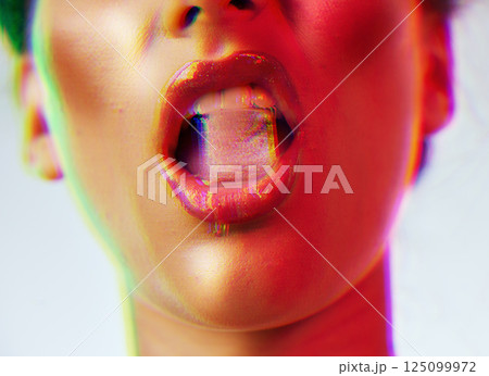 Woman, beauty and ice cube in mouth for makeup, cosmetics and neon lights background. Sexy woman with red lips in studio for fashion grunge aesthetic, frozen water and luxury for vaporwave mockup 125099972