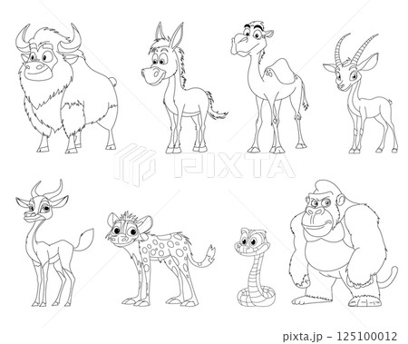 Cartoon animal collection featuring a buffalo, donkey, camel, two gazelles, a hyena, snake, and gorilla, all in black and white outlined style. 125100012