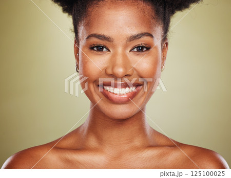 Portrait of black woman, happy smile and skincare face model for cosmetics healthcare, glowing skin and wellness. Natural facial beauty, healthy glow and organic cosmetic on a green studio background Portrait of black woman, happy smile and skincare face model for cosmetics healthcare, glowing skin and wellness. Natural facial beauty, healthy glow and organic cosmetic on a green studio background 125100025