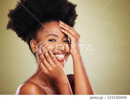 Beauty, skincare and hands on face of black woman for cosmetics, spa and makeup. Luxury, wellness and natural with portrait of girl model for self love, dermatology and facial in studio background 125100040