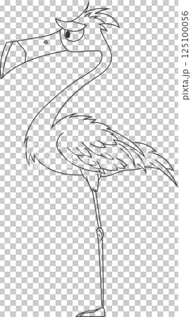 An illustration of a black and white cartoon flamingo looking displeased, standing on one leg. The flamingo has an angry expression. 125100056
