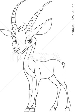 Cartoon depiction of a stylized antelope-like creature, featuring slender body, pronounced horns, and expressive eyes against a black background. 125100067