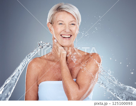 Mature woman, water and splash for hygiene, shower and cleaning for bodycare and cleansing. Hydration, wash and senior female for beauty, wellness and liquid grooming or skincare and body care 125100093