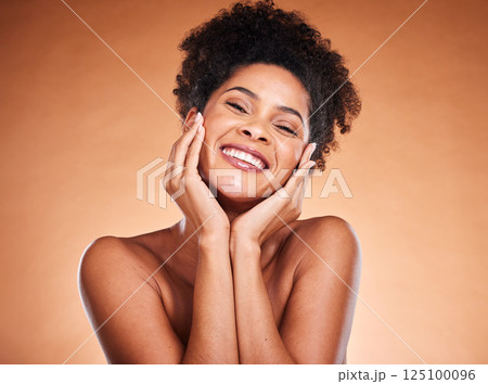 Beauty, self care and face portrait of black woman satisfied with self love treatment, skincare routine and natural cosmetics. Dermatology, luxury makeup and African girl happy with facial skin glow Beauty, self care and face portrait of black woman satisfied with self love treatment, skincare routine and natural cosmetics. Dermatology, luxury makeup and African girl happy with facial skin glow 125100096