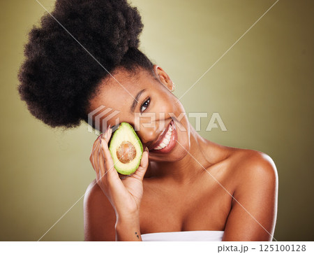 Black woman, skincare and beauty in studio with avocado for health, nutrition or moisturizer for wellness. Woman, model and fruit for radiant glow skin, shine and healthy against cosmetics background Black woman, skincare and beauty in studio with avocado for health, nutrition or moisturizer for wellness. Woman, model and fruit for radiant glow skin, shine and healthy against cosmetics background 125100128
