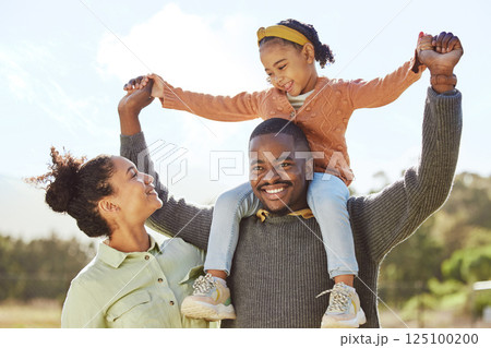Lifting, smile and fun happy family play, bond or enjoy outdoor quality time together. Love, summer freedom or excited black father, mother or parents with kid girl with happiness on holiday vacation 125100200
