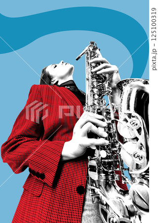 Woman in red blazer playing saxophone in upward motion with swirling blue background. Contemporary art collage. Woman in red blazer playing saxophone in upward motion with swirling blue background. Contemporary art collage. 125100319