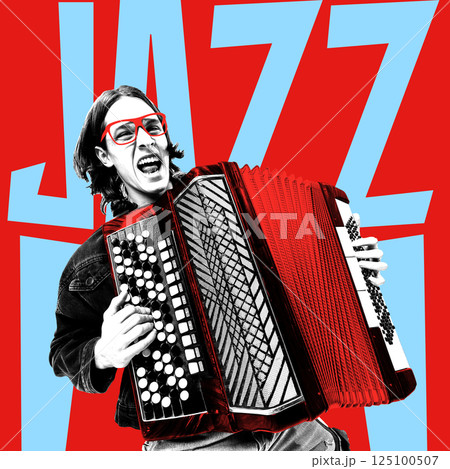 Expressive young man in glasses playing red accordion in front of bold blue JAZZ typography on red background in vivid collage style. Expressive young man in glasses playing red accordion in front of bold blue JAZZ typography on red background in vivid collage style. 125100507
