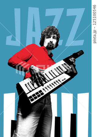 Man in red shirt playing keytar under JAZZ title with monochrome piano background in vibrant art collage 125100546