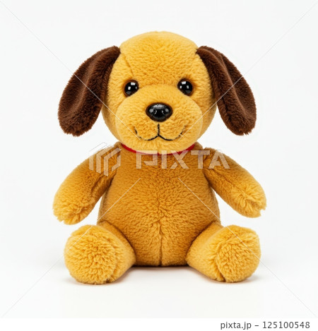 Cute plush dog with soft fur sitting upright on white background 125100548