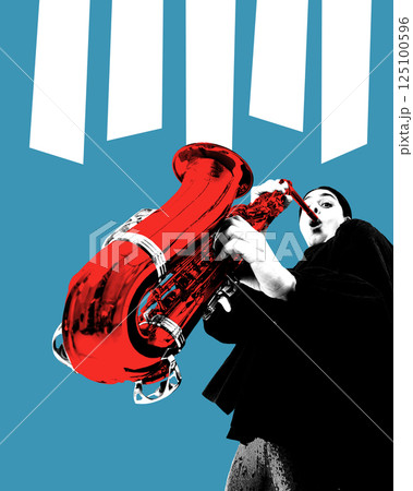 Woman in black blowing into oversized red saxophone with angular white shapes above in high-contrast pop-art style. Woman in black blowing into oversized red saxophone with angular white shapes above in high-contrast pop-art style. 125100596