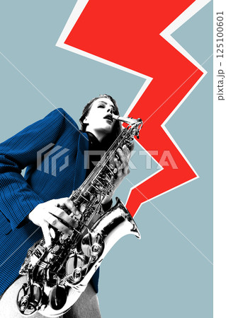 Woman in bold blue jacket playing saxophone with red lightning behind in sharp pot art style. Contemporary art collage. Woman in bold blue jacket playing saxophone with red lightning behind in sharp pot art style. Contemporary art collage. 125100601