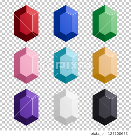 一組彩色寶石圖示切割成垂直六邊形向量插圖，背景為透明的 125100688