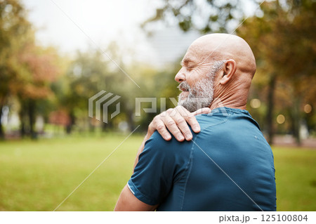Senior man, shoulder pain and fitness injury in wellness exercise, training and health workout in nature park or countryside . Ache, inflammation and body tension for cardio training and runner Senior man, shoulder pain and fitness injury in wellness exercise, training and health workout in nature park or countryside . Ache, inflammation and body tension for cardio training and runner 125100804