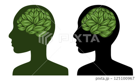 Vector set of silhouette of a person with a brain made of leaves. Mental health. Collection of eco people with a foliages brain Vector set of silhouette of a person with a brain made of leaves. Mental health. Collection of eco people with a foliages brain 125100967
