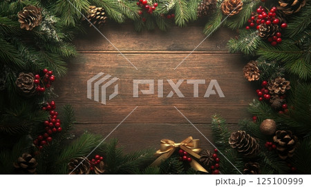 Rustic Christmas frame made of fir branches and red berries on wood - ideal for greeting cards, invitations, and holiday marketing. 125100999