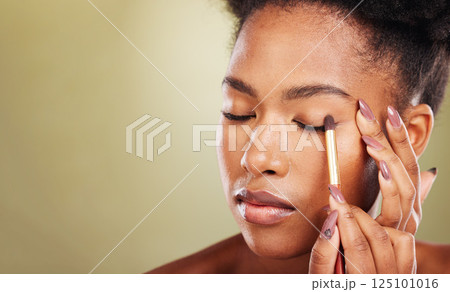 Makeup tool, beauty and black woman with eyeshadow and face cosmetic closeup against studio background. Natural cosmetics glow, microblading and nails, eyes and facial brush with mockup. Makeup tool, beauty and black woman with eyeshadow and face cosmetic closeup against studio background. Natural cosmetics glow, microblading and nails, eyes and facial brush with mockup. 125101016