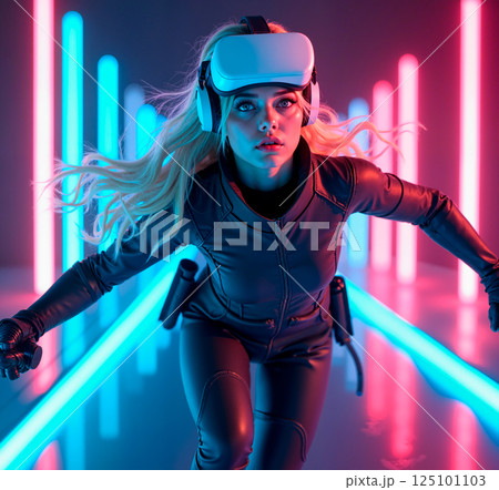 Futuristic Woman with VR Headset in Neon Lights Studio 125101103