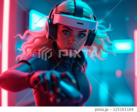 Futuristic woman with VR headset holding gun neon lights 125101104