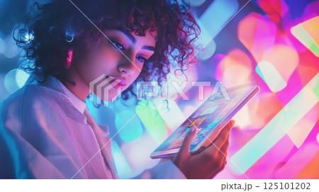 Futuristic young woman engaged with digital tablet in vibrant neon lighting scene. Trading world chart schedule 125101202