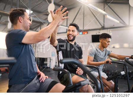 Fitness, man and high five at the gym for exercise, training or cardio workout together indoors. Happy men with smile and hands in celebration for partnership, support or sport motivation in wellness 125101297