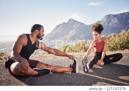 Fitness, exercise and black couple stretching legs outdoors on road for health or wellness. Training, sports and man and woman warm up before running, exercising or marathon workout on street outside Fitness, exercise and black couple stretching legs outdoors on road for health or wellness. Training, sports and man and woman warm up before running, exercising or marathon workout on street outside 125101576