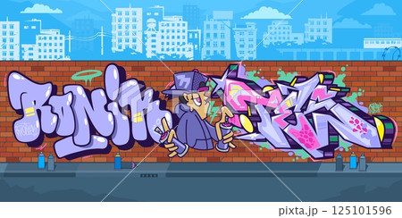 Abstract Urban Graffiti Brick Wall With Street Art Drawings Against The Background Of The Cityscape 125101596