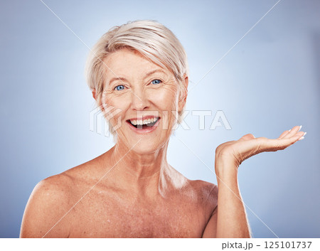 Beauty, product placement and portrait of senior woman facial cosmetics, natural makeup and skincare mock up. Advertising space, mockup and aesthetic face of elderly model with anti aging promotion 125101737