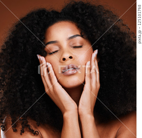 Skincare, portrait or black woman with face makeup relax against an brown studio background. Luxury, zoom or beauty girl model with glow from cosmetics, health wellness or care for facial skin 125101768