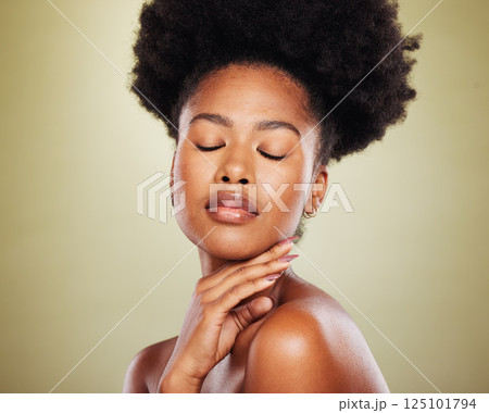 Beauty, self care and face of black woman with skincare treatment, luxury cosmetics and glowing skin. Dermatology, wellness and aesthetic African girl with self love, natural makeup or facial routine 125101794