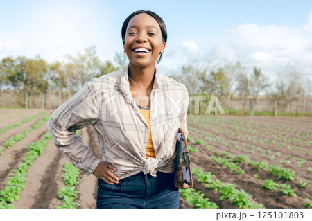 Inspection, farming and black woman doing check on agriculture, food and plants on a farm. Sustainability, ecology and portrait of a happy, young and nature farmer working with notes in countryside Inspection, farming and black woman doing check on agriculture, food and plants on a farm. Sustainability, ecology and portrait of a happy, young and nature farmer working with notes in countryside 125101803