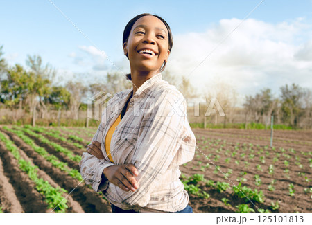 Woman, farm and thinking for agriculture farming harvest in a field in summer for eco friendly development. Gardener, gardening and growth with an african american female famer working on farmland 125101813