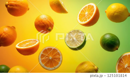 Floating citrus fruits with vibrant yellow-green gradient background 125101814