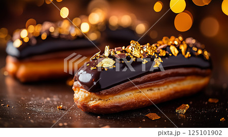 上品な金箔飾りのダークチョコレートエクレア | 幻想的な光 125101902