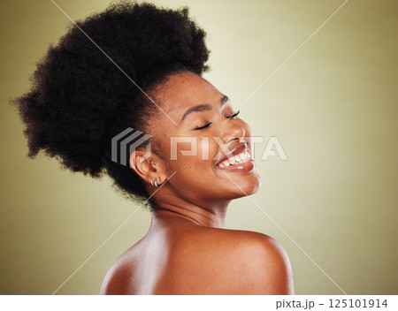 Face, skincare and back of black woman with eyes closed in studio on green background mockup. Aesthetics, makeup and wellness of happy female model from Nigeria with healthy skin and natural beauty. Face, skincare and back of black woman with eyes closed in studio on green background mockup. Aesthetics, makeup and wellness of happy female model from Nigeria with healthy skin and natural beauty. 125101914