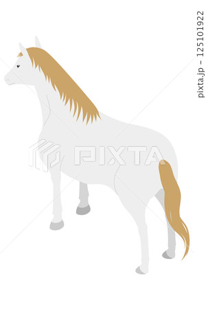立っている白毛の馬のシンプルなアイソメトリックイラスト（斜め後ろ