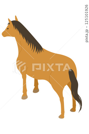 立っている栗毛の馬のシンプルなアイソメトリックイラスト（斜め後ろから） 125101926