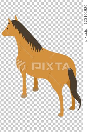 立っている栗毛の馬のシンプルなアイソメトリックイラスト（斜め後ろから） 125101926