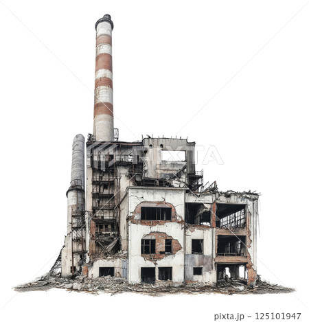 dilapidated industrial building with tall smokestack, showcasing crumbling walls and broken windows, evoking sense of abandonment and decay 125101947