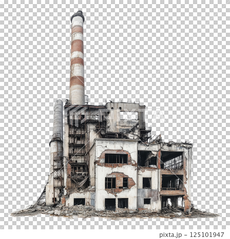 dilapidated industrial building with tall smokestack, showcasing crumbling walls and broken windows, evoking sense of abandonment and decay 125101947