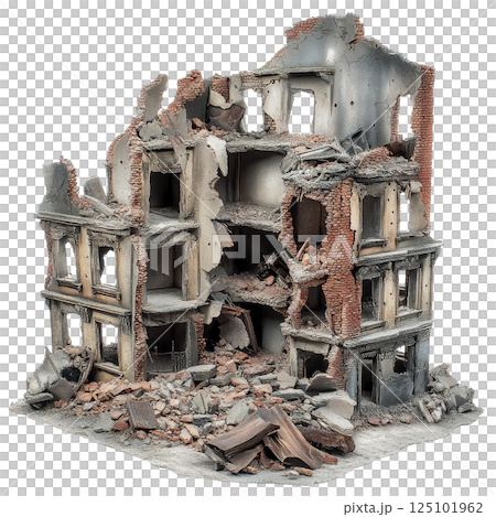 detailed model of ruined building with exposed walls and debris, showcasing destruction and decay. scene evokes sense of abandonment and loss detailed model of ruined building with exposed walls and debris, showcasing destruction and decay. scene evokes sense of abandonment and loss 125101962