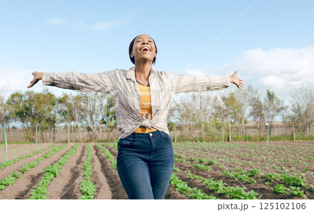 Farm, freedom and black woman feeling carefree and happy on an agriculture, eco friendly and sustainable field. Free, land and farming with african american female enjoying her agricultural harvest Farm, freedom and black woman feeling carefree and happy on an agriculture, eco friendly and sustainable field. Free, land and farming with african american female enjoying her agricultural harvest 125102106