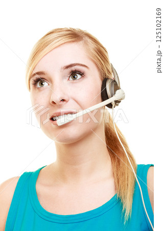 Customer service headset woman talking giving online help Customer service headset woman talking giving online help 125102169