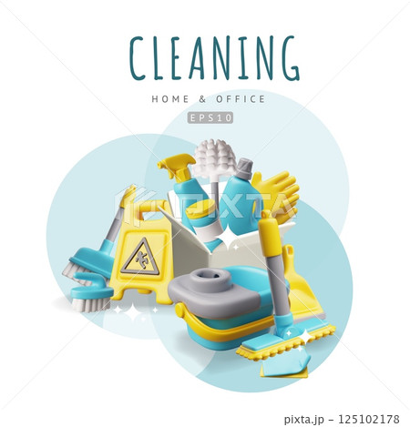 3D home and office cleaning tools, vector poster design, cleaning accessories and housekeeping equipment with sparkles 125102178